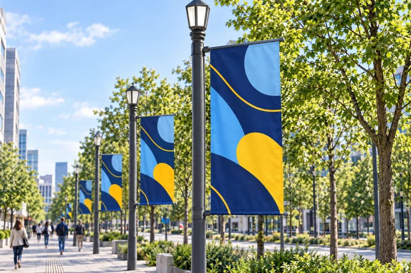 Vizualizácia: veľké vlajky Avenue XL na stĺpoch osvetlenia bulváru