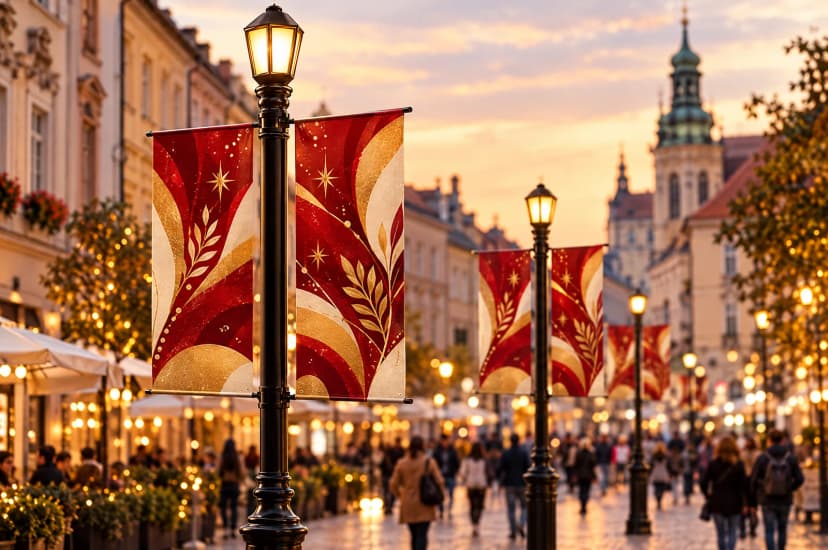 Vizualizácia: dvojité pouličné vlajky Avenue na lampách pešej zóny