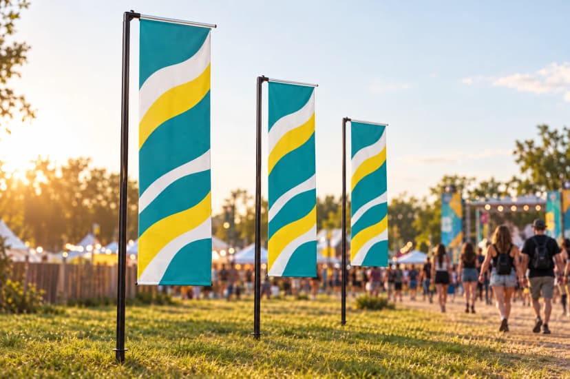 Vizualizácia: tri beachflagy H pri vstupe na festival