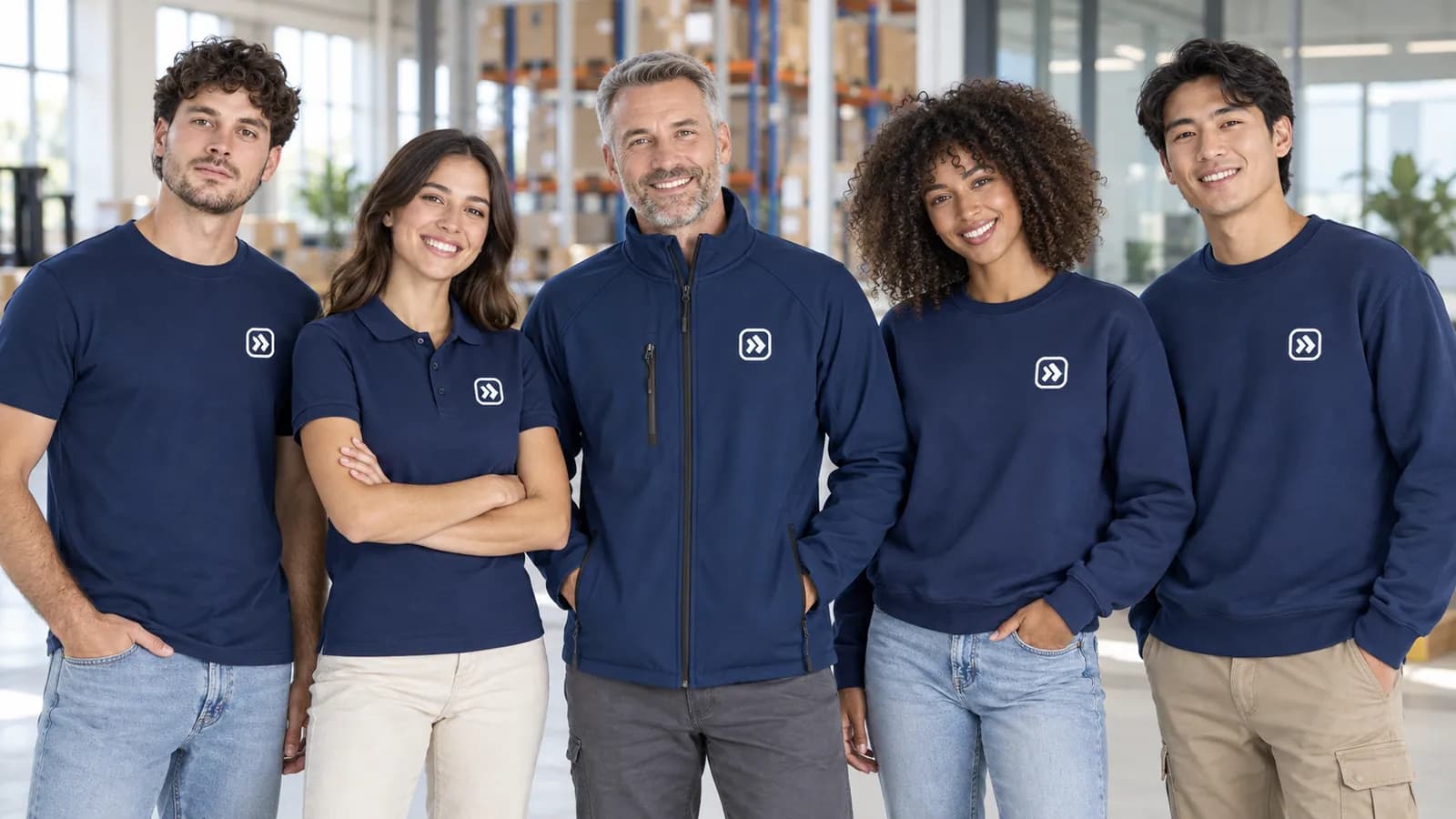 Tím v tmavomodrom firemnom oblečení s logom na hrudi: tričko, polokošeľa, mikina a softshellová bunda
