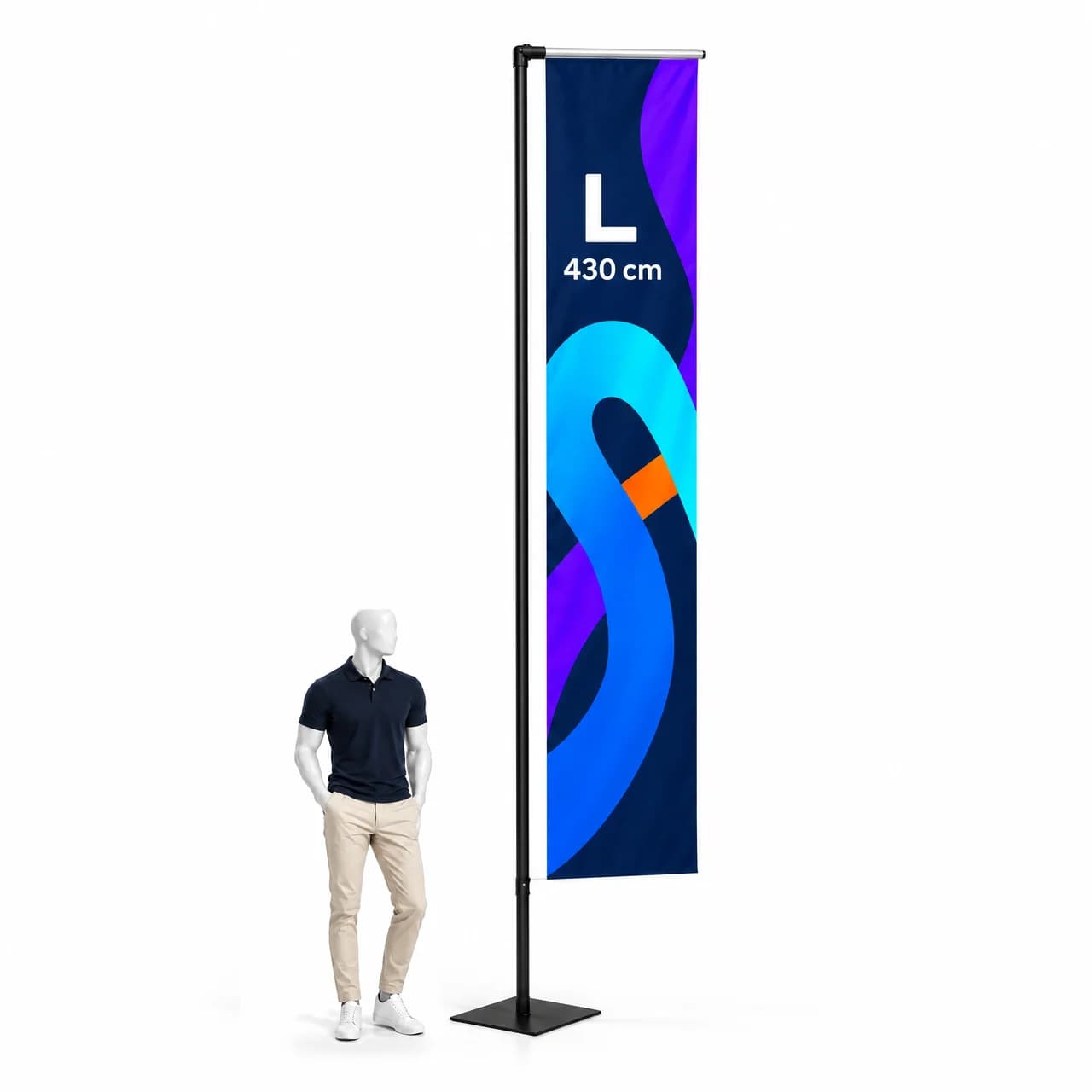Beachflag H L 430 cm – obdĺžniková reklamná vlajka s potlačou