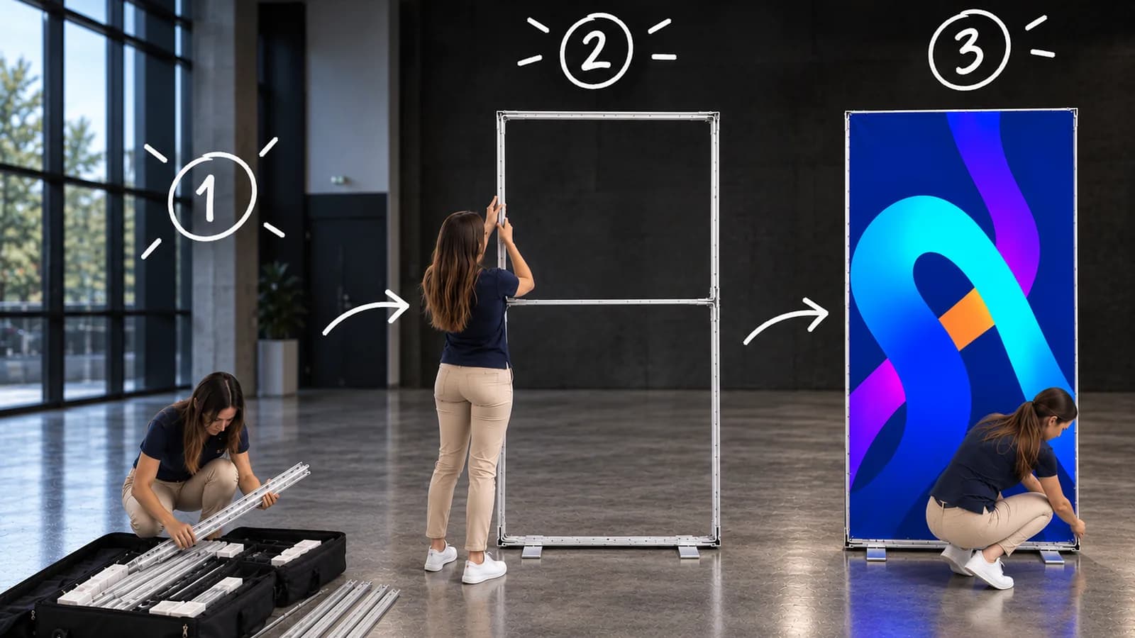 Montáž steny LED BOX v troch fázach: profily z kufra, zložený rám s priečkou a nasadená podsvietená grafika