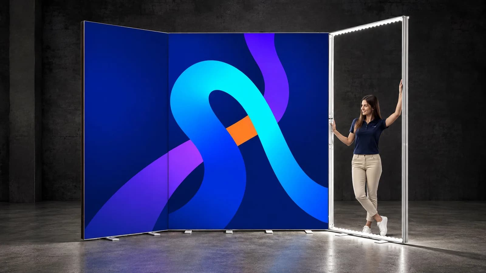 Zostava zo spojených stien LED BOX s jedným motívom grafiky vedľa svietiaceho rámu bez textílie, v ktorom stojí žena