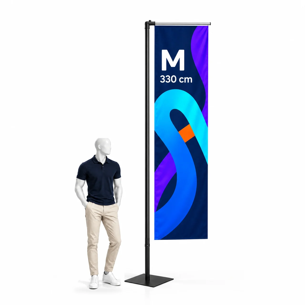 Beachflag H vedľa figuríny pre mierku