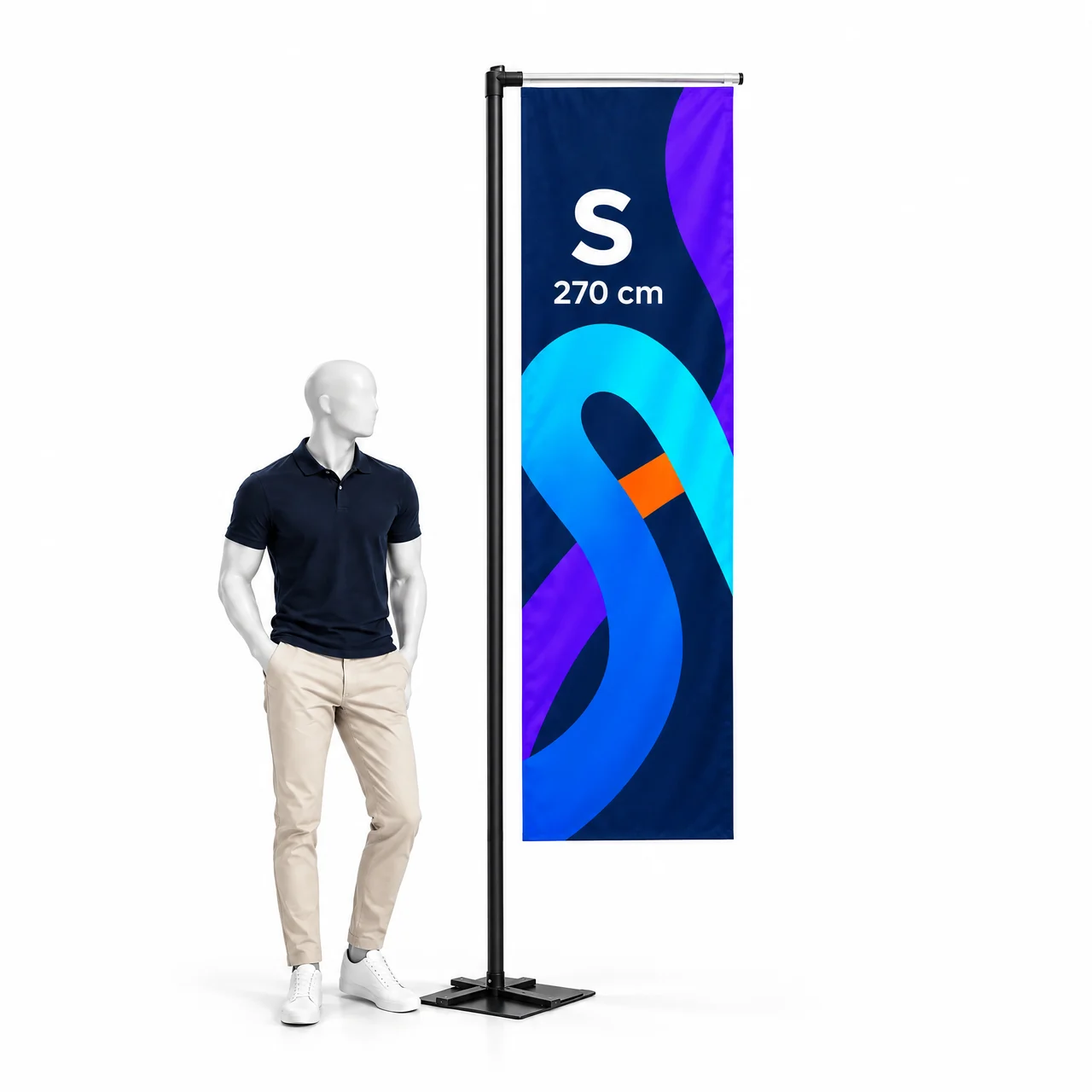 Beachflag H S 270 cm vedľa figuríny pre mierku
