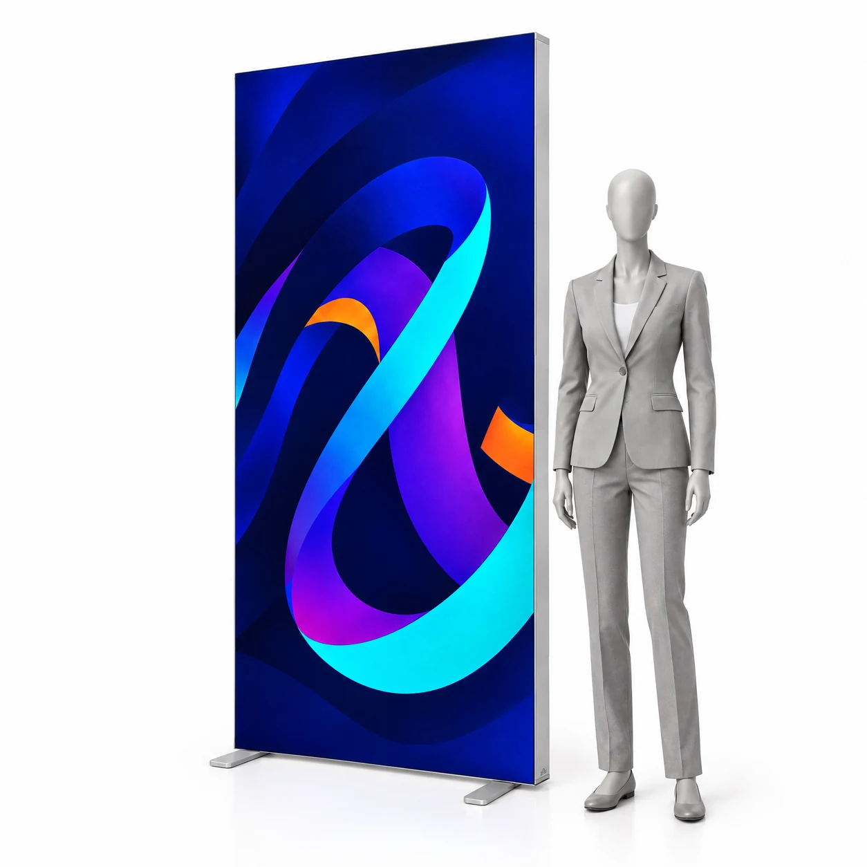 Presvetlená stena LED BOX Compact 85x200 cm s tlačou vedľa siluety človeka