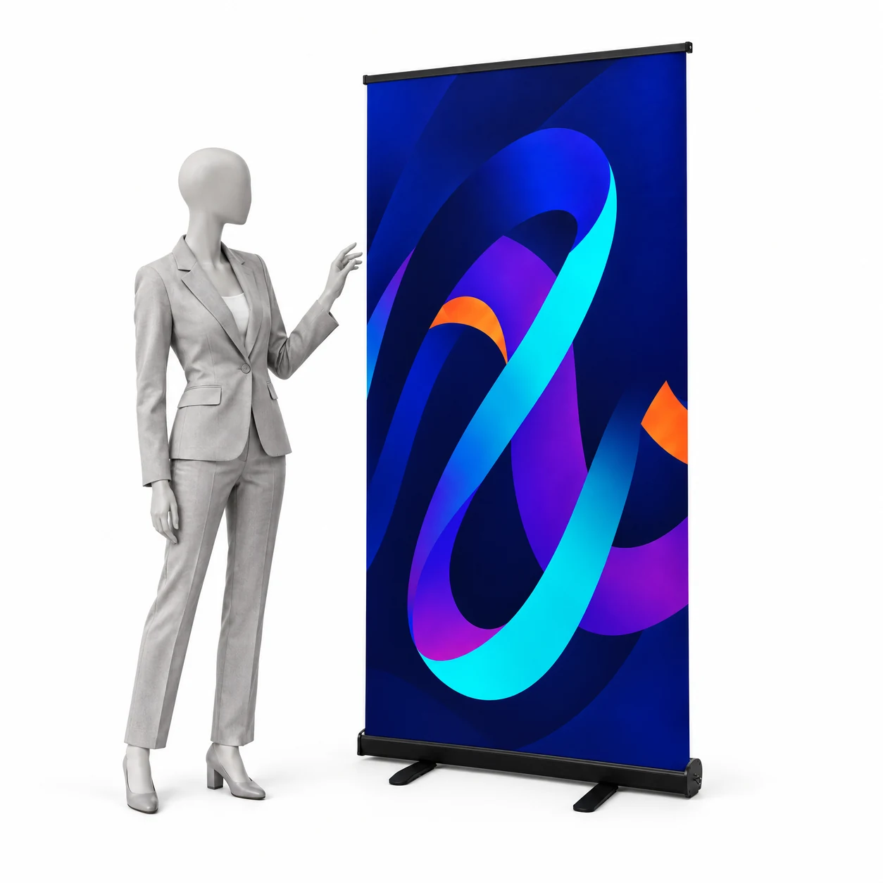 Roll-up Standard Black 85 × 200 cm s ukážkovou grafikou vedľa siluety človeka