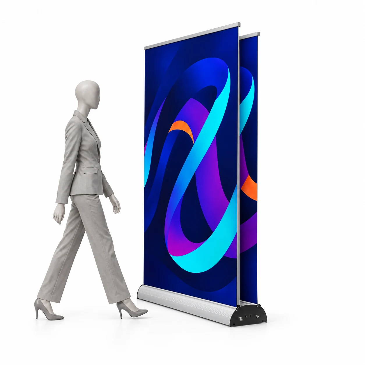 Roll-up Twin 85 × 200 cm s ukážkovou grafikou vedľa siluety človeka