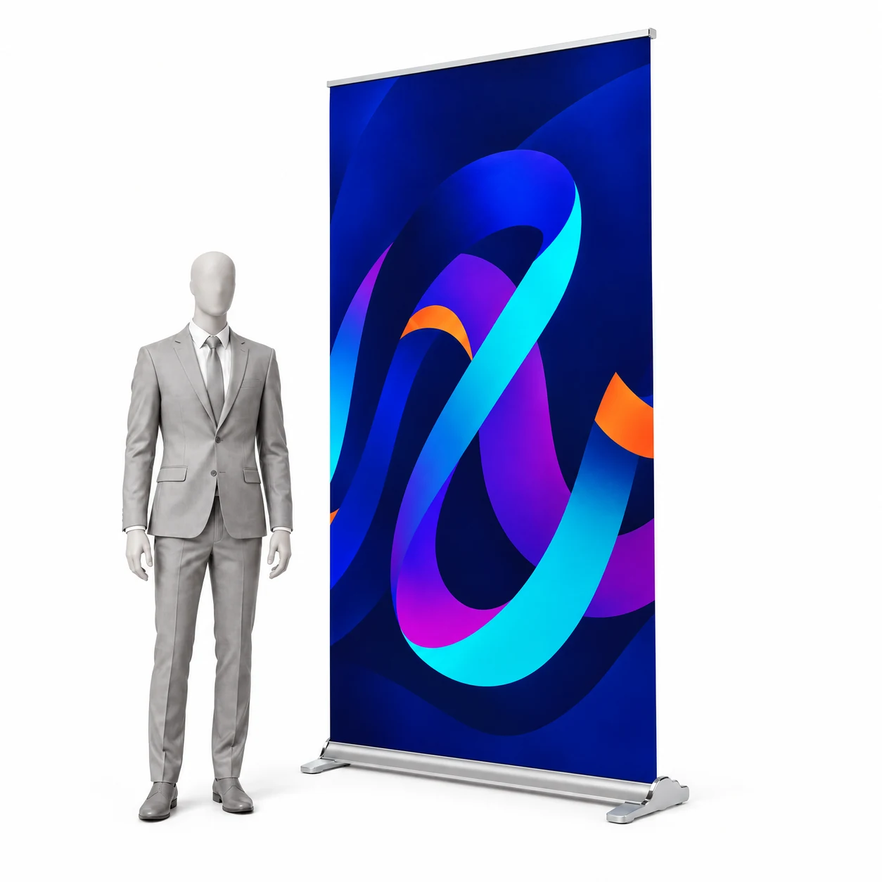 Roll-up Wave 85 × 220 cm s ukážkovou grafikou vedľa siluety človeka